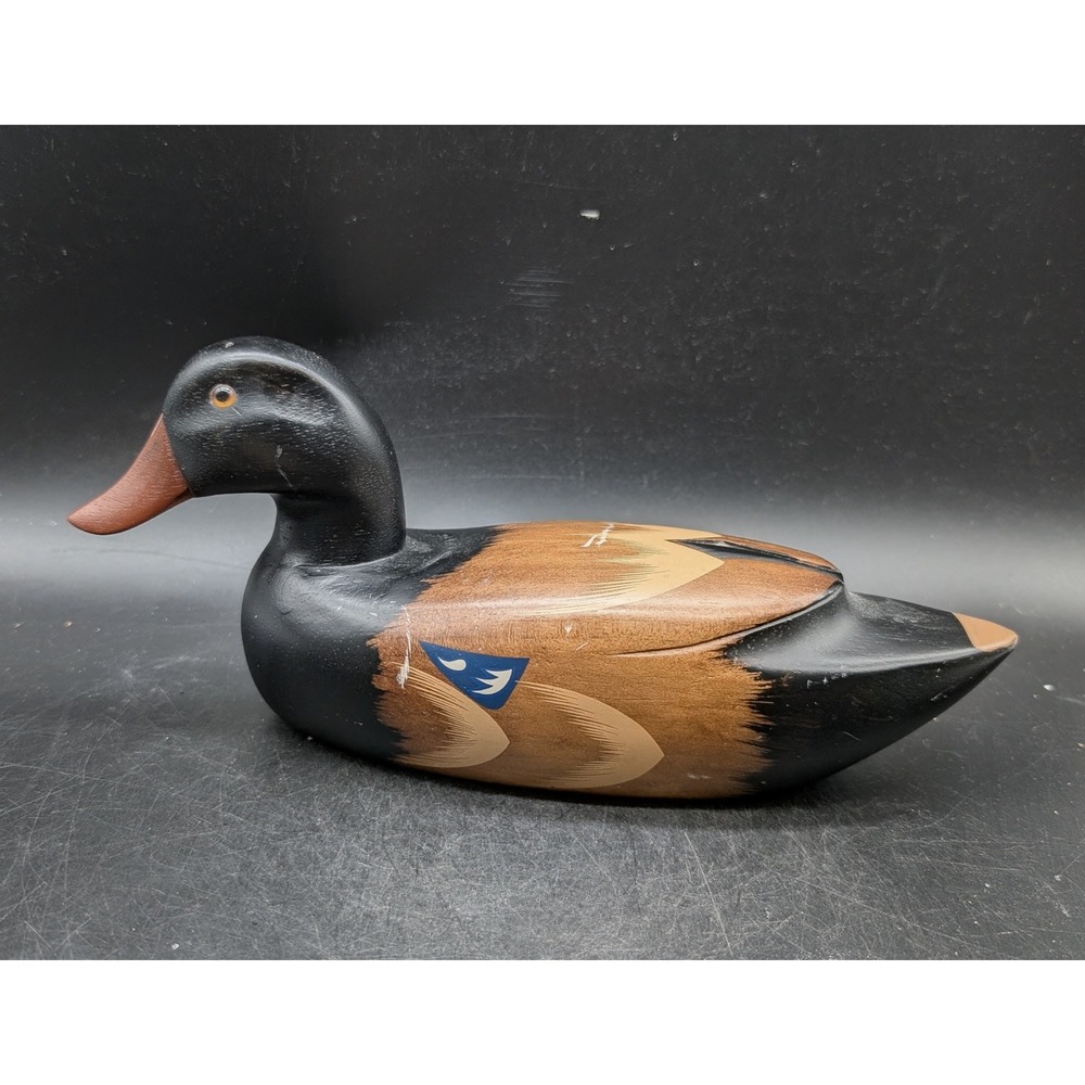Hand Painted Wooden Duck Decoy Rustic Wildlife Cabin Decor Black Brown Tan 10"